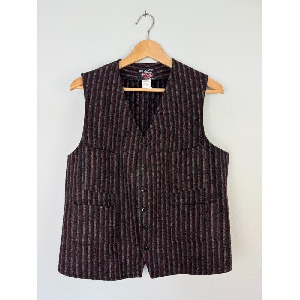 Johnson Woolen Mills Black Grey Striped Utility Work Retro Vest M